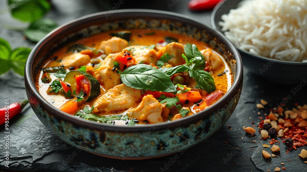 Steaming bowl of Thai green curry with chicken vibrant vegetables and creamy coconut milk served with jasmine rice Steaming bowl of Thai green curry with chicken vibrant vegetables and creamy coconut milk served with jasmine rice