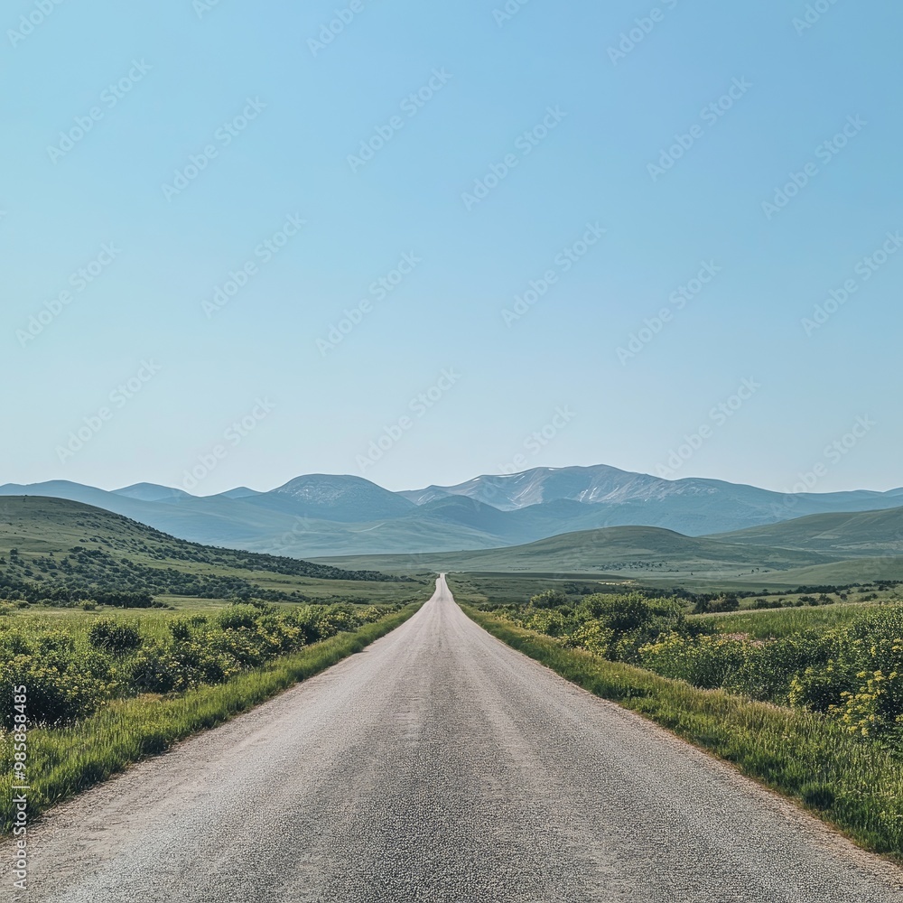 A long, empty road with green plants on both sides and mountains in the distance. A long, empty road with green plants on both sides and mountains in the distance.
