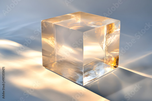 3D transparent diamond crystal gem on a blue background, shining brightly photo