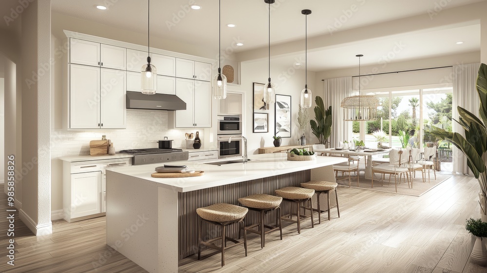 Open kitchen with a large island and breakfast bar, blending seamlessly into the living area, perfect for social gatherings Open kitchen with a large island and breakfast bar, blending seamlessly into the living area, perfect for social gatherings