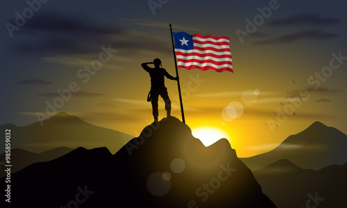 Liberia flag, silhouette of man holding flag on Sunset cliff. Vector Illustrator