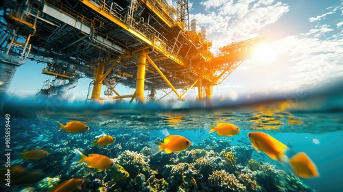 An underwater perspective of an oil and gas platform that showcases a vibrant and thriving ecosystem teeming with marine life below its surfaces, highlighting the beauty of underwater biodiversity.