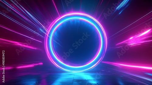 Abstract neon ring light with glowing streaks in a dark background.