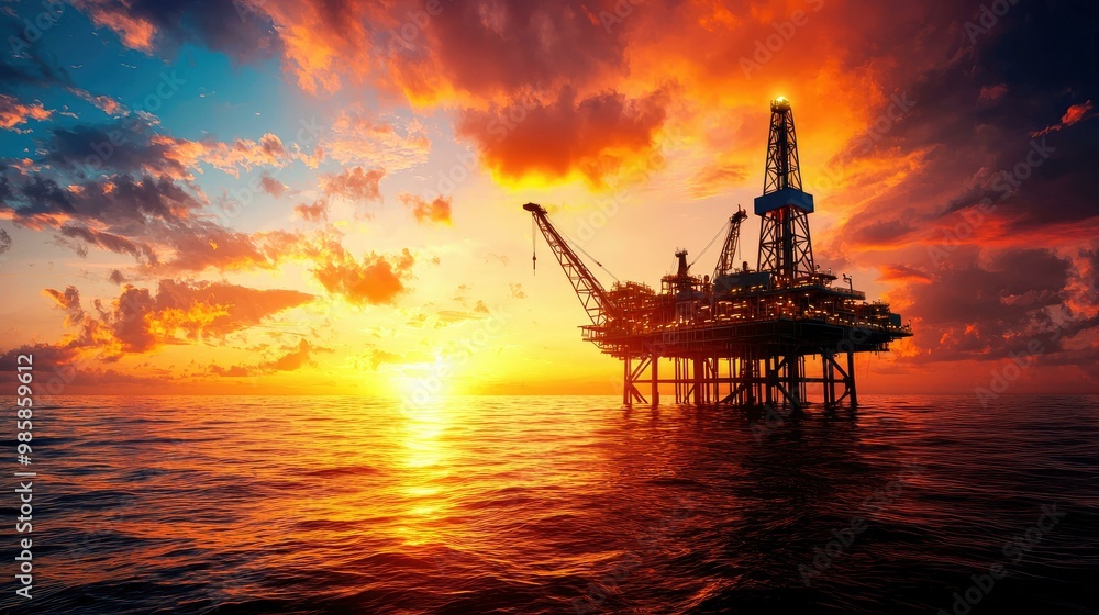 An oil platform stands silhouetted against a dramatic blood-red sunset, creating a moody and atmospheric scene that evokes the beauty and power of nature's artistry. An oil platform stands silhouetted against a dramatic blood-red sunset, creating a moody and atmospheric scene that evokes the beauty and power of nature's artistry.
