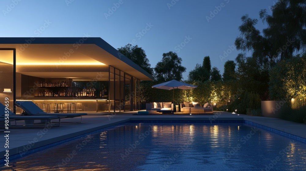 Fototapeta premium Poolside bar and lounge area next to a modern home, with soft outdoor lighting and comfortable seating for relaxation