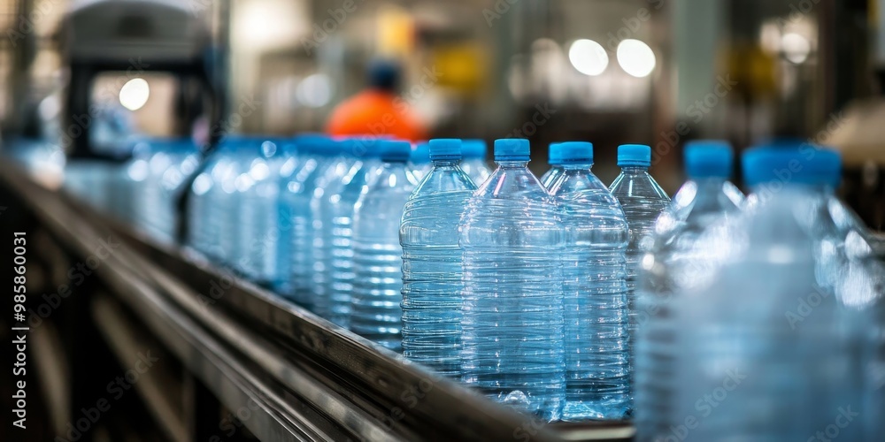 Plastic Bottles on Conveyor Belt in Factory | Industrial Production, Sustainable Packaging Concept Plastic Bottles on Conveyor Belt in Factory | Industrial Production, Sustainable Packaging Concept