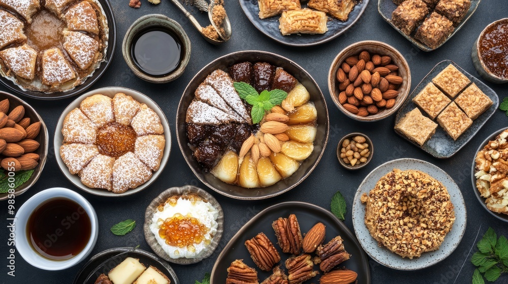 Middle Eastern sweets are part of Arabic cuisine. Delicious assortment of traditional desserts for Ramadan. Accompanied by savory almonds, Arabic coffee, honey syrup, and sugar syrup.upper perspective Middle Eastern sweets are part of Arabic cuisine. Delicious assortment of traditional desserts for Ramadan. Accompanied by savory almonds, Arabic coffee, honey syrup, and sugar syrup.upper perspective
