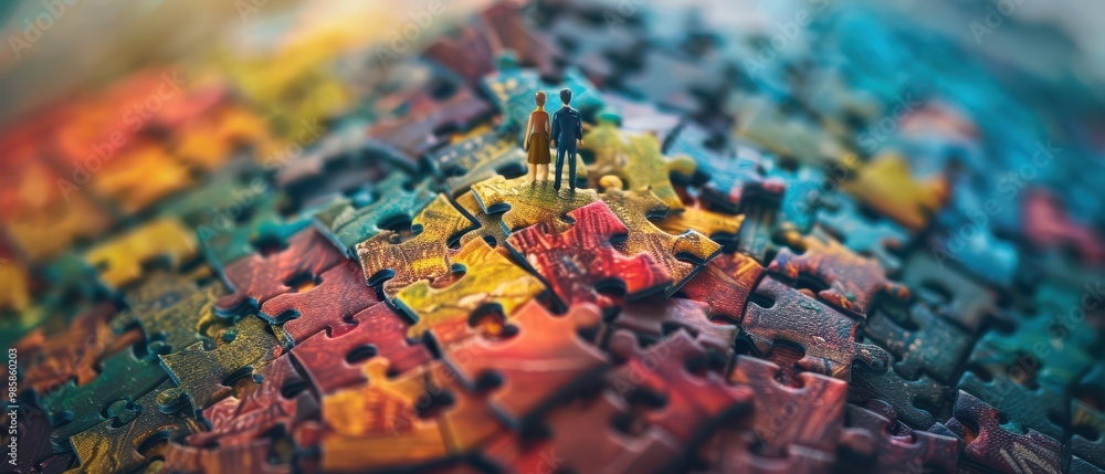 Naklejka premium Two figures standing on a mountain made of colorful puzzle pieces, symbolizing problem-solving and collaboration. Free copy space for banner.