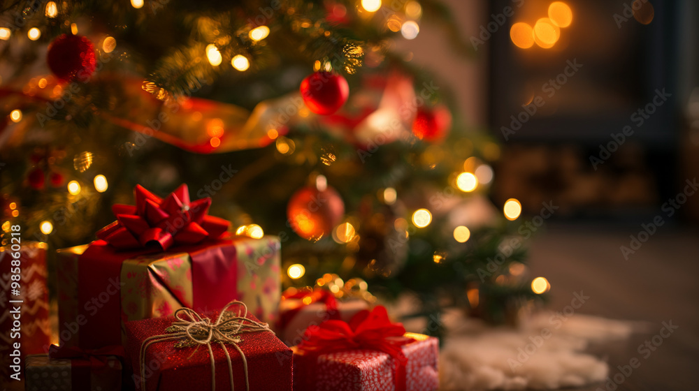 Christmas Presents Under Decorated Tree with Fireplace Christmas Presents Under Decorated Tree with Fireplace