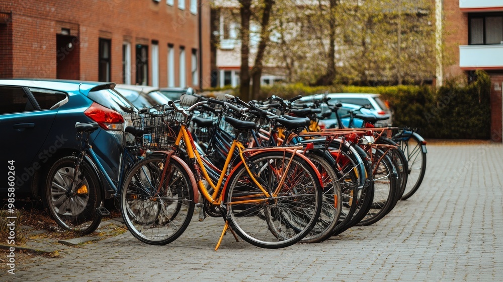 Bicycle for rent, number of wheels is on parking Bicycle for rent, number of wheels is on parking