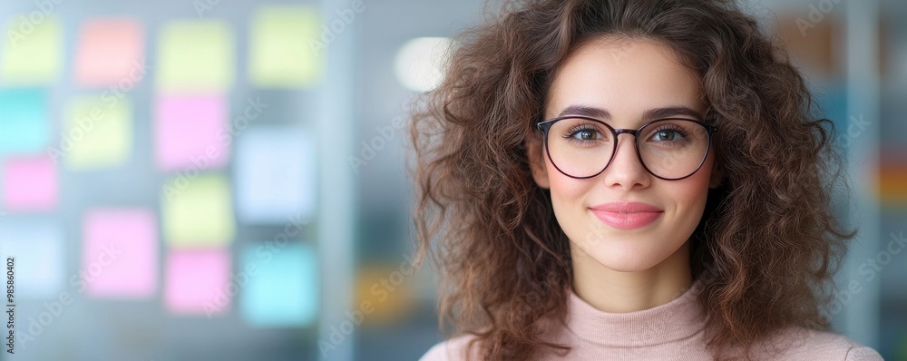 a confident businesswoman wearing eyeglasses, adhesive notes on a glass wall in the office background a confident businesswoman wearing eyeglasses, adhesive notes on a glass wall in the office background