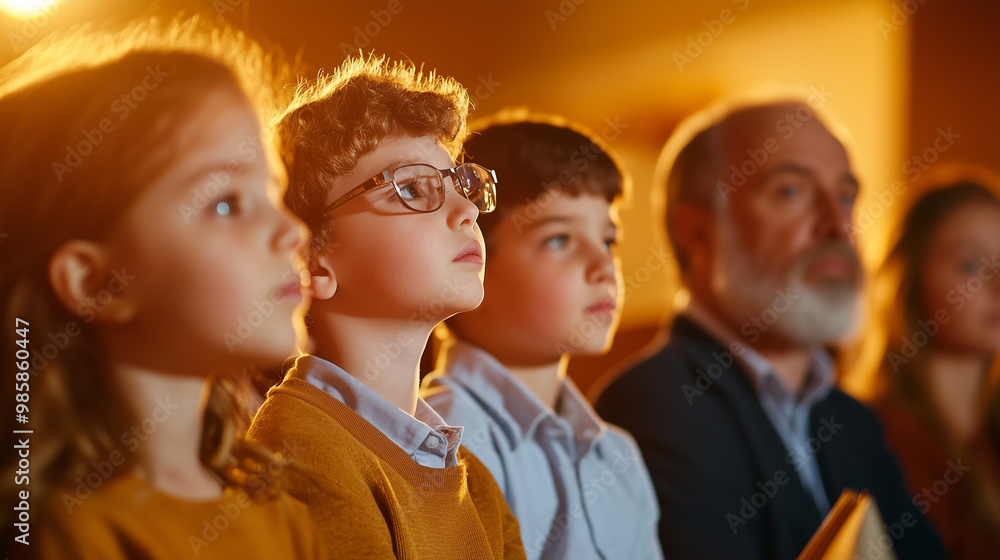 A group of children sitting with their parents during Shabbat services, observing quietly while the rabbi reads from the Torah. The scene highlights the importance of passing down A group of children sitting with their parents during Shabbat services, observing quietly while the rabbi reads from the Torah. The scene highlights the importance of passing down