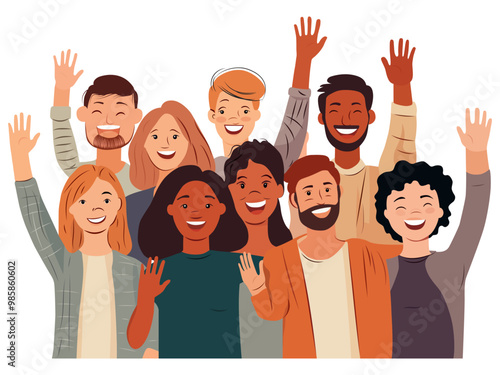 Diverse multicultural group of people waving and smiling, vector illustration