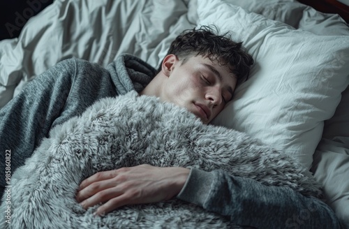  A man is sleeping on his side with a stuffed animal and a pillow. He is wearing gray pajamas with a hood, against a white background. Advertising stock photo. Close-up of both hands holding a pillow.