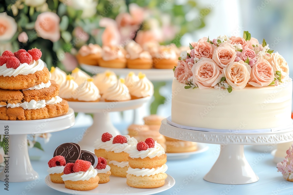 A beautiful display of cakes and pastries adorned with fresh flowers, perfect for celebrations and special occasions. A beautiful display of cakes and pastries adorned with fresh flowers, perfect for celebrations and special occasions.