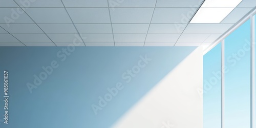 Natural light casts a soft glow in an office, highlighting a blue wall and white ceiling tiles during the day