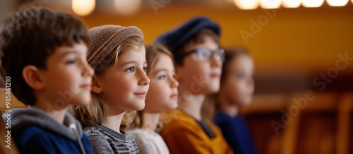 A group of children sitting with their parents during Shabbat services, observing quietly while the rabbi reads from the Torah. The scene highlights the importance of passing down