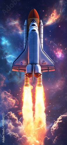 A stunning depiction of a spacecraft ascending into space, with vibrant flames and smoke trailing behind, creating an inspiring and dynamic scene perfect for a phone wallpaper. The image captures the  photo