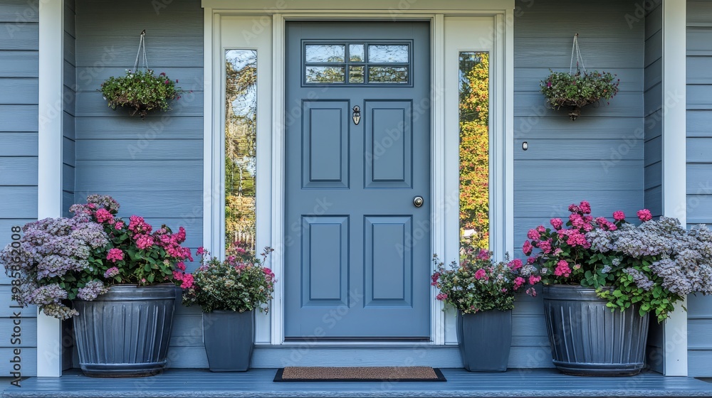 Small square ornamental windows and flower pots in front of a gray front door Small square ornamental windows and flower pots in front of a gray front door
