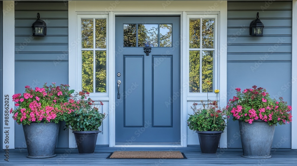 Small square ornamental windows and flower pots in front of a gray front door Small square ornamental windows and flower pots in front of a gray front door