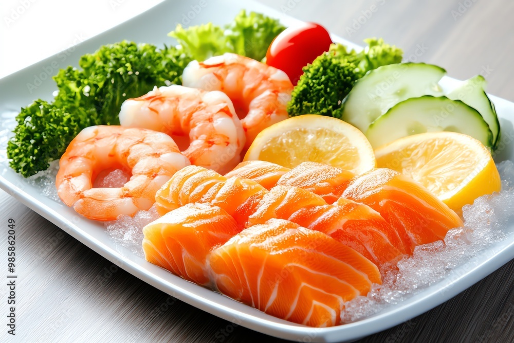 Delicious seafood platter featuring fresh shrimp, salmon, and vibrant vegetables on ice, perfect for culinary presentations. Delicious seafood platter featuring fresh shrimp, salmon, and vibrant vegetables on ice, perfect for culinary presentations.
