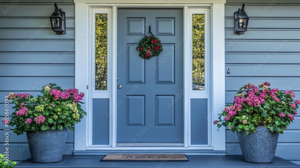 Small square ornamental windows and flower pots in front of a gray front door Small square ornamental windows and flower pots in front of a gray front door