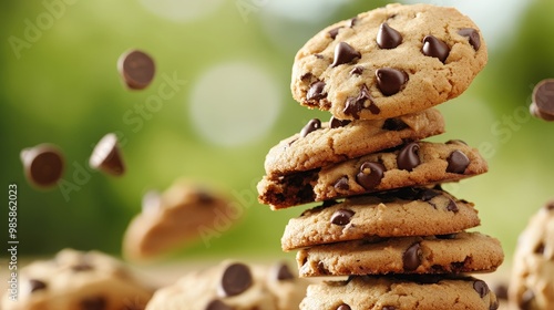 Delightful Stack of Chocolate Chip Cookies Perfect for Indulging in Sweet Happiness Together photo