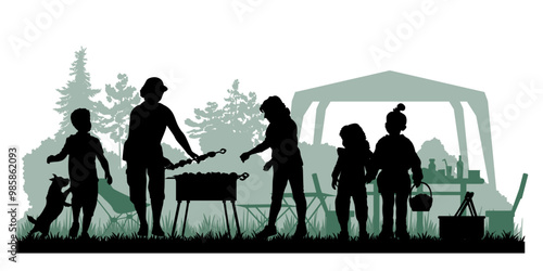 Family silhouettes. Father, mother and children had a picnic in nature. Vector illustration	
