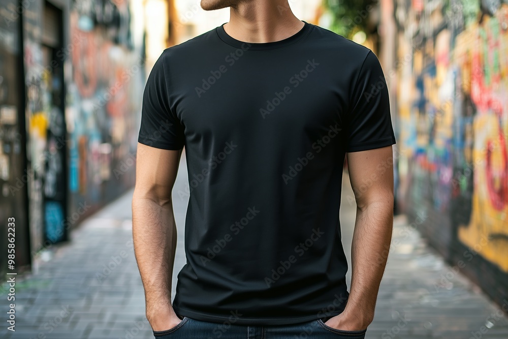The front of a black blank T shirt mockup, with space for design, copy space. T Shirt. Urban street. Urbanwear, fashion. The front of a black blank T shirt mockup, with space for design, copy space. T Shirt. Urban street. Urbanwear, fashion.