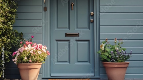 Small square ornamental windows and flower pots in front of a gray front door