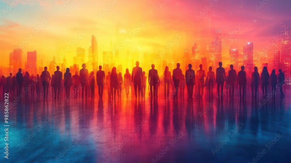 diverse group silhouettes overlapping transparent figures forming community shape warm gradient background diverse group silhouettes overlapping transparent figures forming community shape warm gradient background