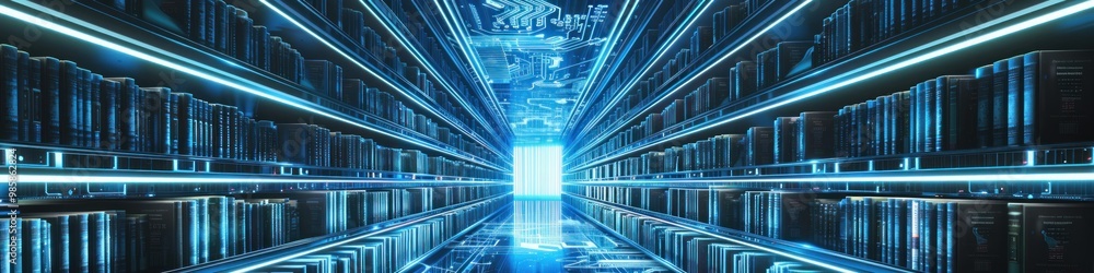Inside a computer, a digital library with metallic bookshelves filled with reflective, silver books. Inside a computer, a digital library with metallic bookshelves filled with reflective, silver books.