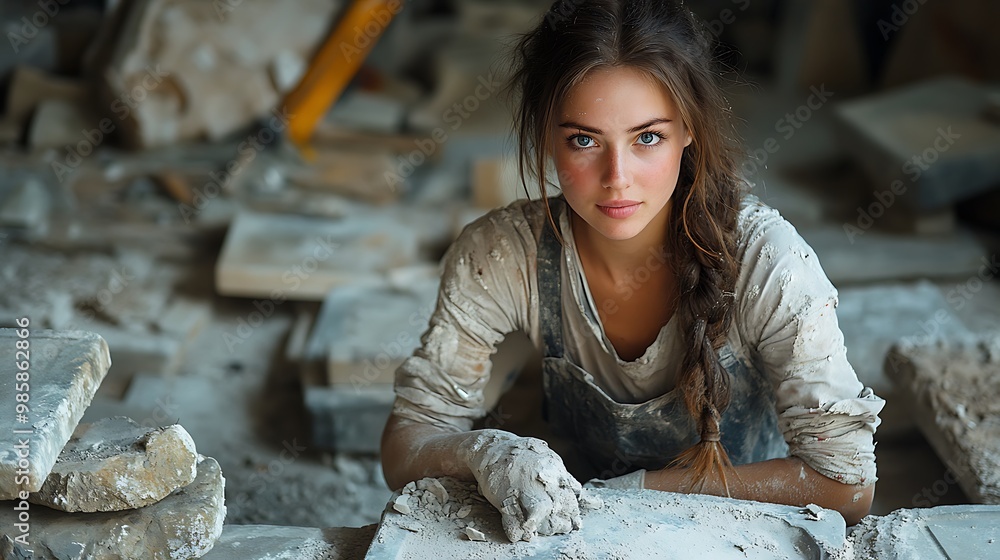 Young woman with dirty hands and overalls looking at the camera in a construction site. Young woman with dirty hands and overalls looking at the camera in a construction site.