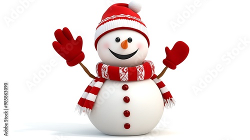 A cheerful snowman with a red hat, scarf and mittens, waving with a big smile.