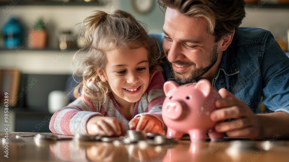 A father teaches his little daughter to put coins into a piggy bank to save money for the future, the concept of saving money. A father teaches his little daughter to put coins into a piggy bank to save money for the future, the concept of saving money.
