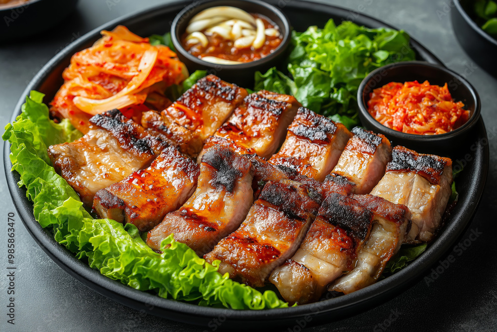 Grilled Samgyeopsal Pork Belly with Kimchi and Lettuce Wraps Grilled Samgyeopsal Pork Belly with Kimchi and Lettuce Wraps