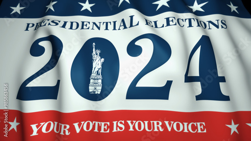 presidential campaign 2024, waving flag with USA colors, stars and stripes, election 2024 in United States 3d illustration