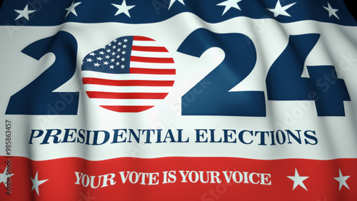 presidential campaign 2024, waving flag with USA colors, stars and stripes, election 2024 in United States 3d illustration