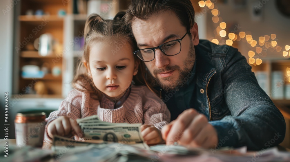 Fototapeta premium A father teaches his little daughter to put coins into a piggy bank to save money for the future, the concept of saving money.