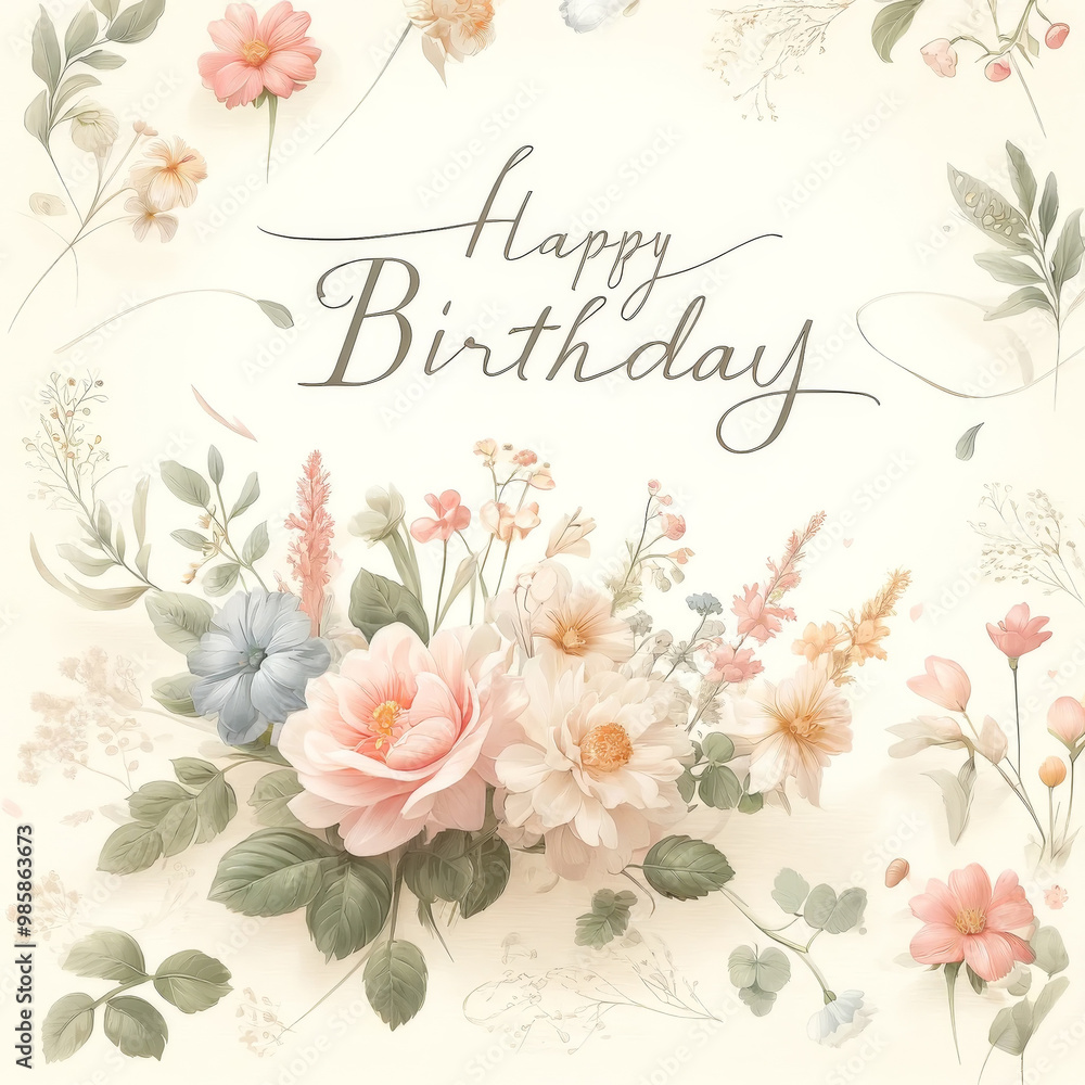 Soft and Floral Happy Birthday Card with Pastel Flowers Soft and Floral Happy Birthday Card with Pastel Flowers