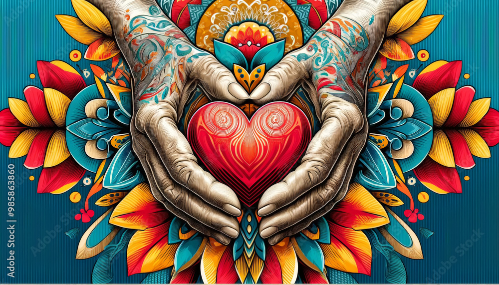 Intricate Hands Holding a Heart in a Vibrant Mandala Artwork Intricate Hands Holding a Heart in a Vibrant Mandala Artwork