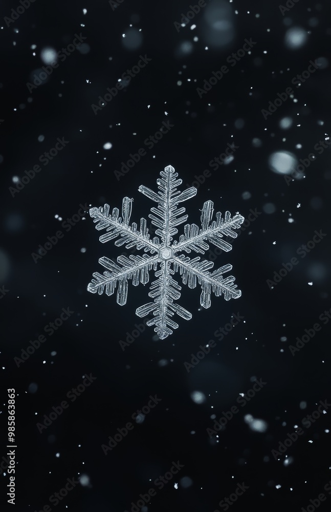 Fototapeta premium A unique snowflake is prominently displayed, while delicate snowflakes gently fall in the surrounding dark atmosphere