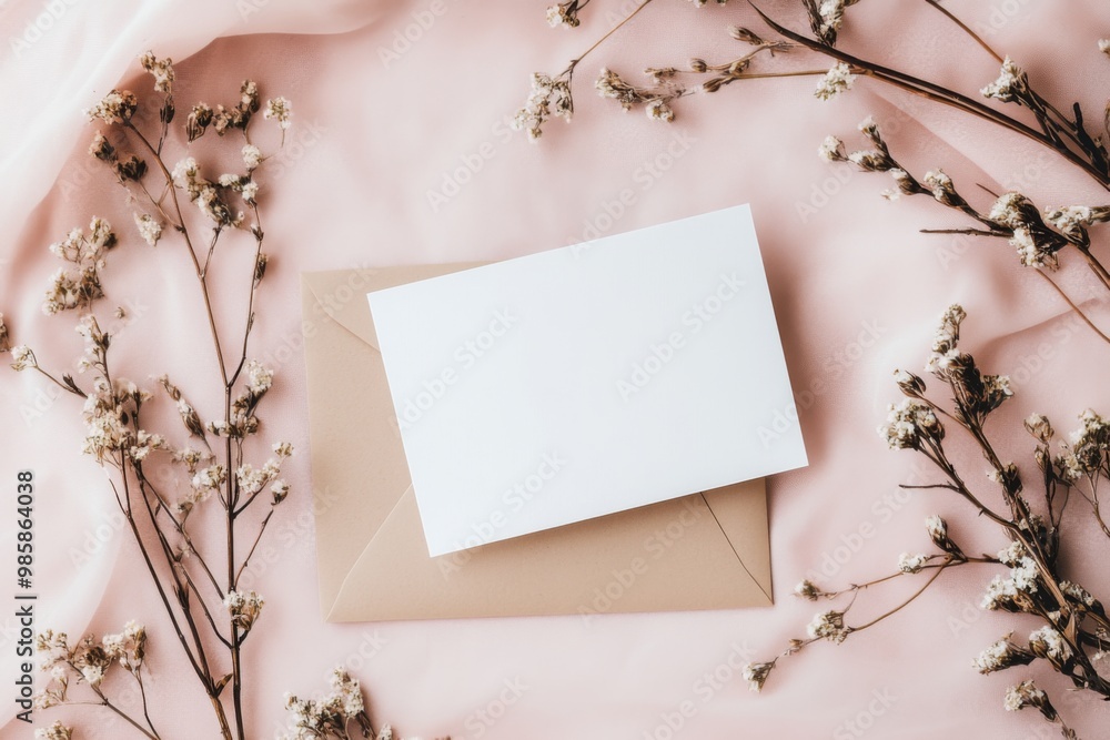 aesthetic mockup of blank white paper card on top of envelope, surrounded by dried flowers on light pink background aesthetic mockup of blank white paper card on top of envelope, surrounded by dried flowers on light pink background