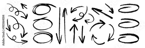 Rough charcoal arrows and circles. Black charcoal ovals and arrows strokes different forms. Set of design elements on white background. Brush elements for notes.