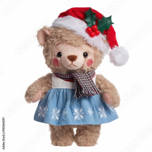 Christmas Teddy Bear in Santa Hat and Holiday Dress with Holly Decoration