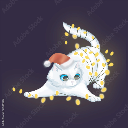 hand drawn christmas cat with lights