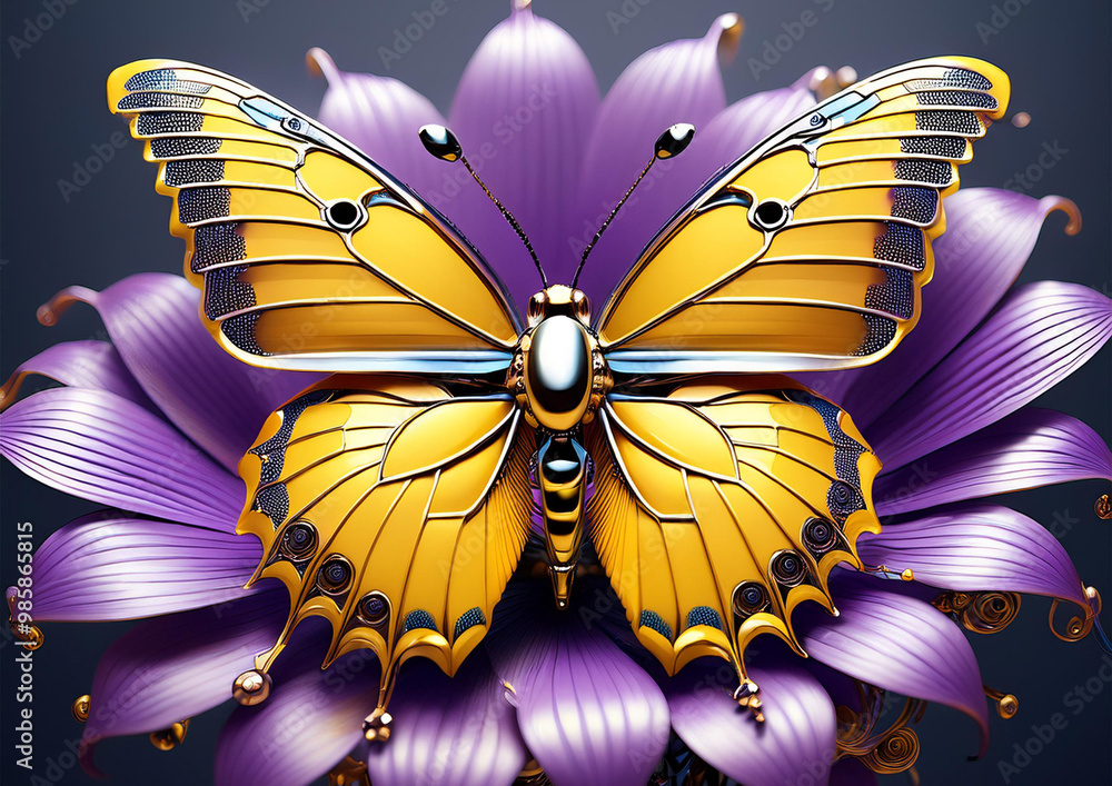 Yellow Futuristic Butterfly on Purple Flower