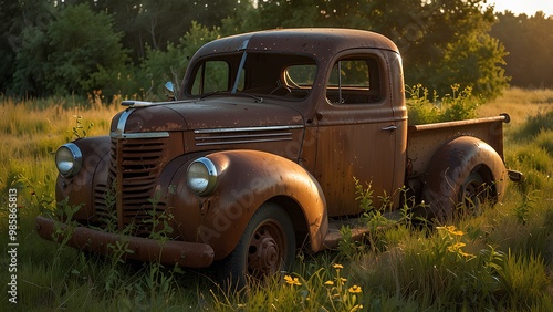 Rusted 1940s Pickup Truck in an Overgrown Field at Sunset – Vintage Charm Meets Nature's Embrace Old Abandoned Pickup Truck in a Wildflower Field – Golden Light Over a Rustic Relic 