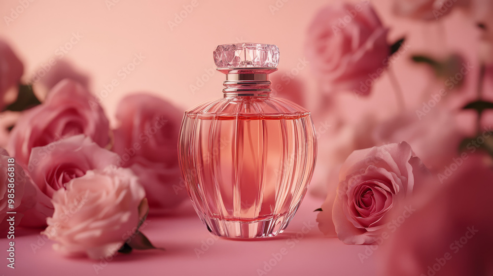 Front view of a transparent perfume bottle with a luxurious design surrounded by fresh roses on a pink background Front view of a transparent perfume bottle with a luxurious design surrounded by fresh roses on a pink background