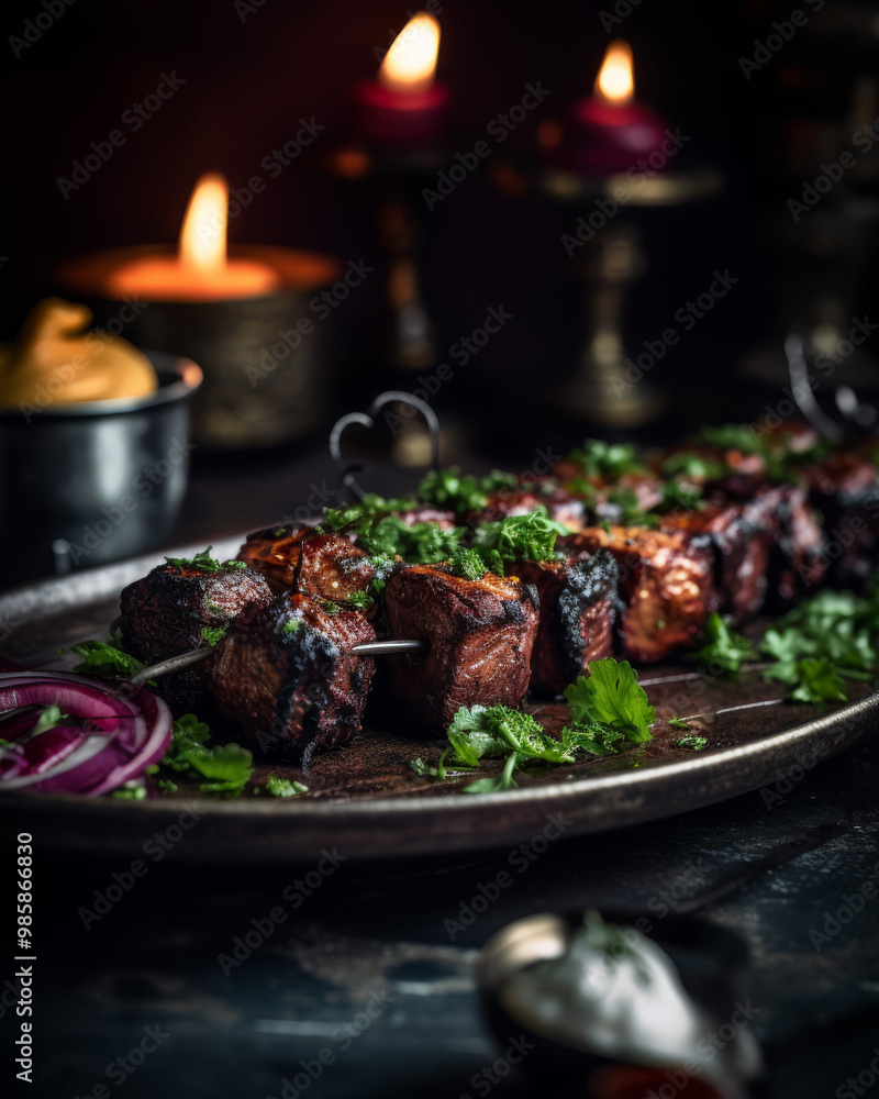 culinary art, enticing presentation, delicious textures, and authentic recipe, beautifully plated, appetizing shish kebab is fried on the grill culinary art, enticing presentation, delicious textures, and authentic recipe, beautifully plated, appetizing shish kebab is fried on the grill